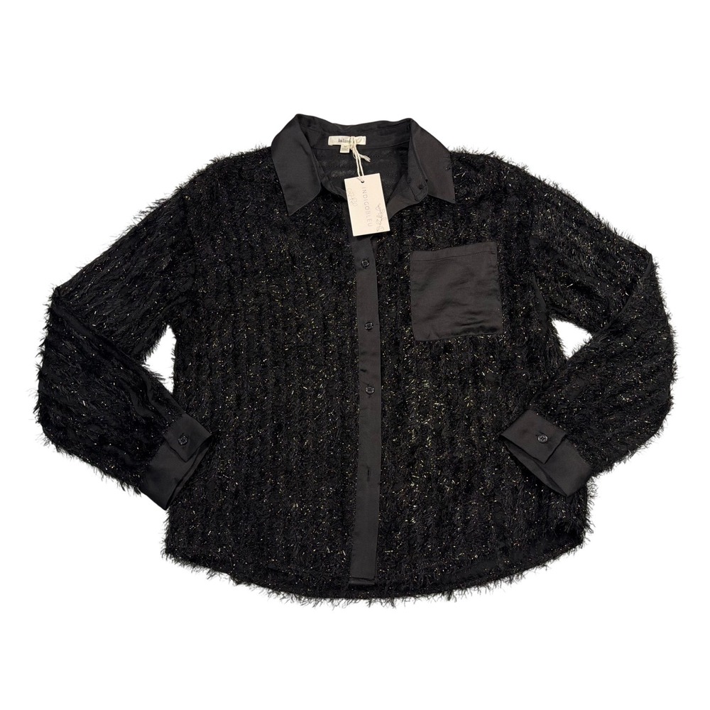 Indigo Bleu Button Up Shirt Black Shaggy Eyelash Sequin Festive Party Top Med